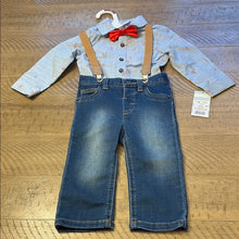 Load image into Gallery viewer, CAT &amp; JACK INFANT BOY CHRISTMAS OUTFIT 2 piece  Size 6-9M &quot;Blue w/Candy Canes, Jeans with Suspenders &amp; Bowtie&quot;
